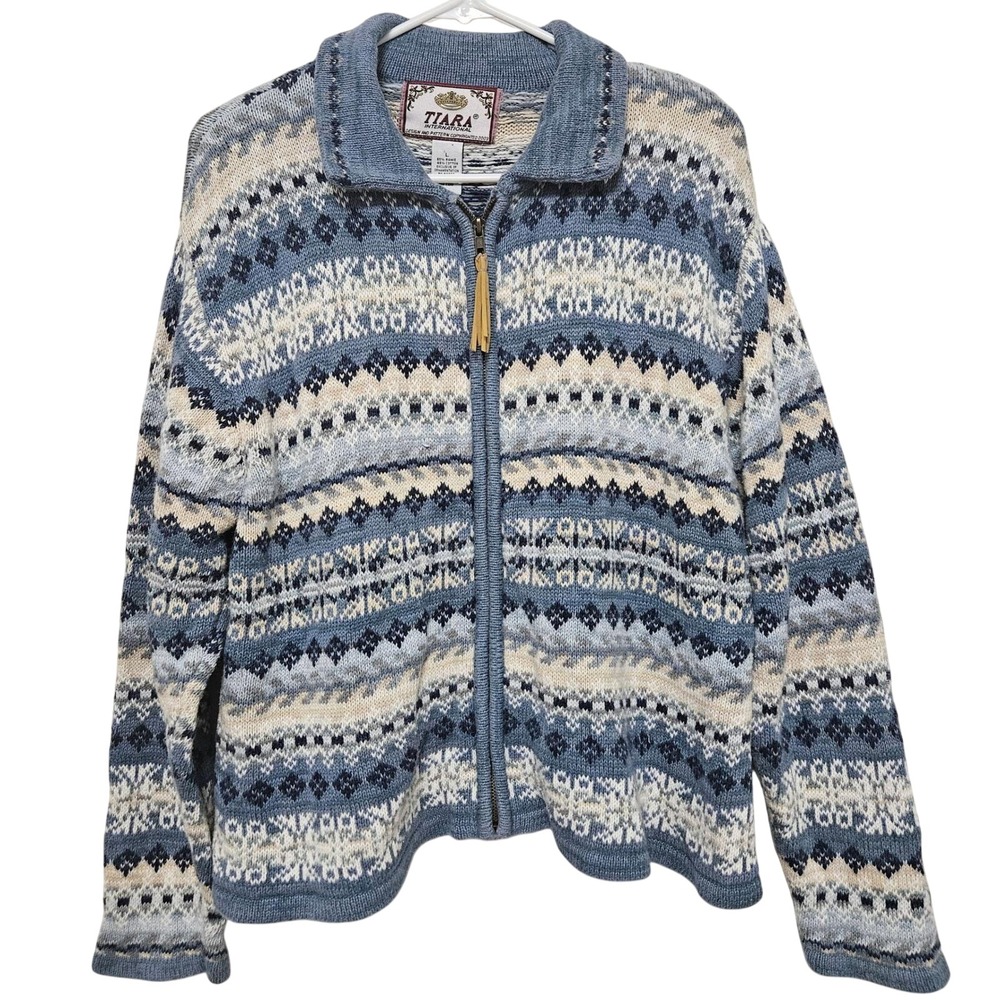 Vintage Tiara International FairIsle Full Zip Sweater Blue Coastal Grandma Y2K L